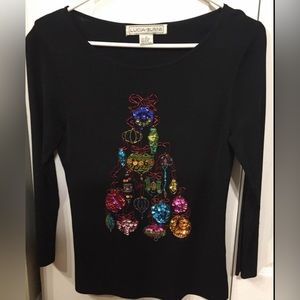 LUCIA BURNS Holiday Christmas Sparkle Festive Beaded Top 3/4 Sleeves Size Small